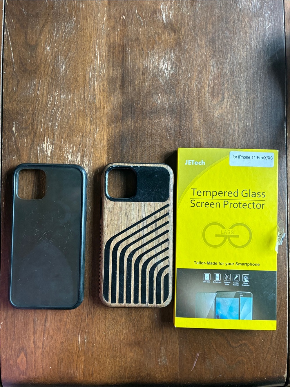 Tempered Glass Screen Protector & Black/Wood Phone Cases Bundle